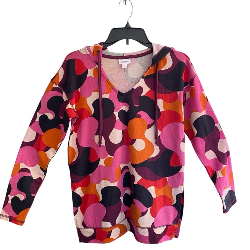 LuLaRoe ELIZA Black Pink Orange Mod Abstract Hoodie V-Neck Sweater Sz XS